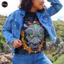 Jade eyes Panther T-shirt, Unique Screen-printing T-shirt, Mexican style, Mayan style, Aztec style, Glow in neon lights, unique shirt.