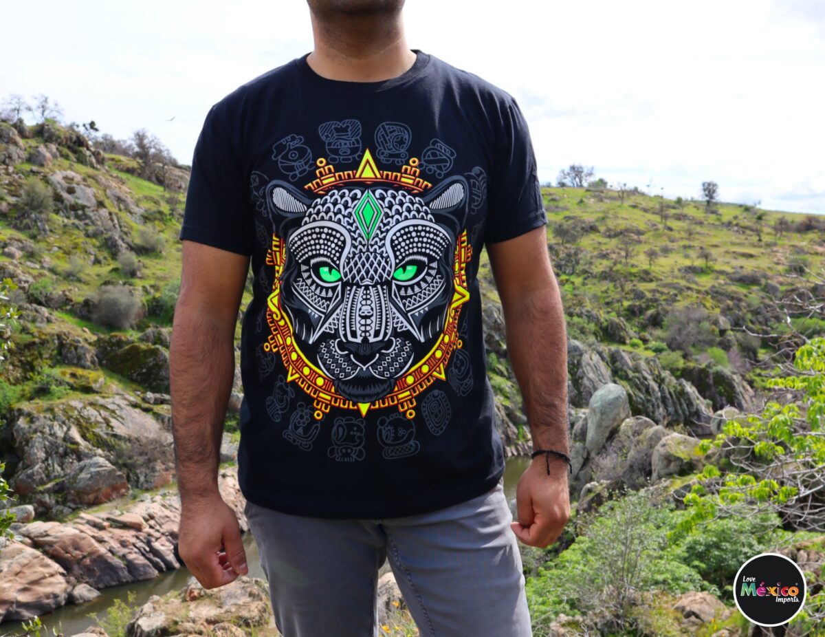 Jade eyes Panther T-shirt, Unique Screen-printing T-shirt, Mexican style, Mayan style, Aztec style, Glow in neon lights, unique shirt. - Image 2