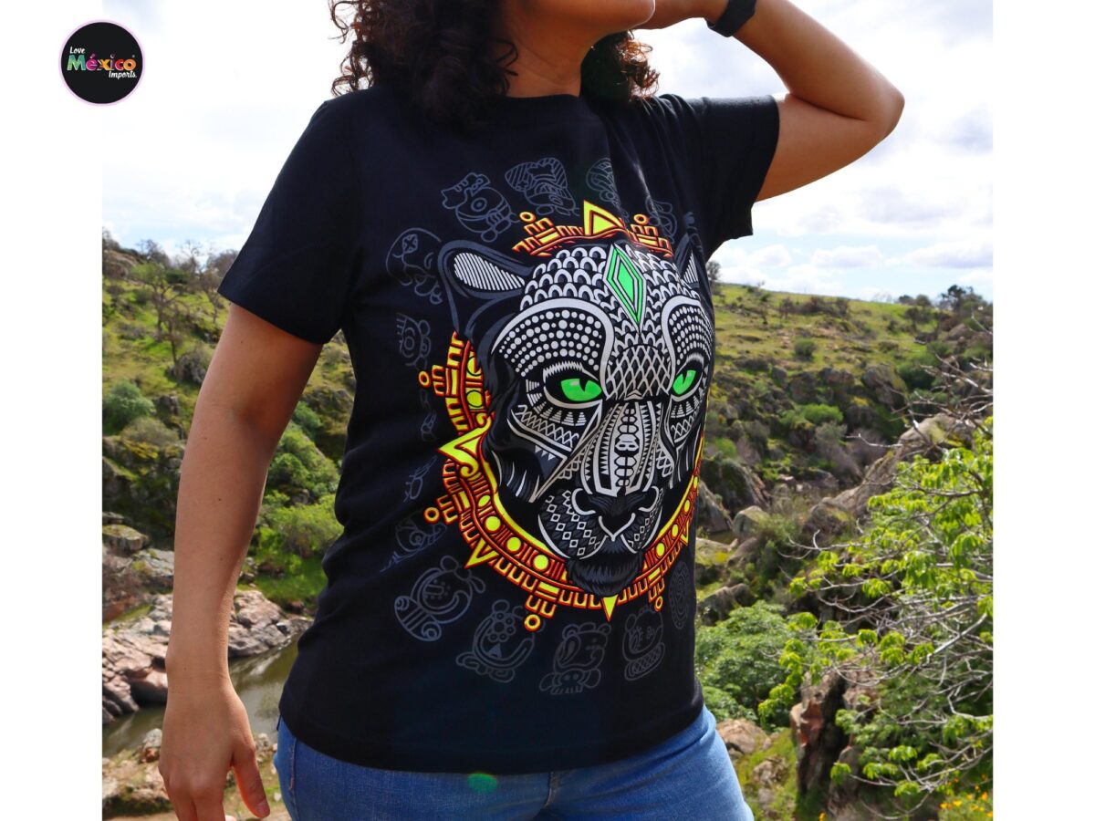 Jade eyes Panther T-shirt, Unique Screen-printing T-shirt, Mexican style, Mayan style, Aztec style, Glow in neon lights, unique shirt. - Image 4