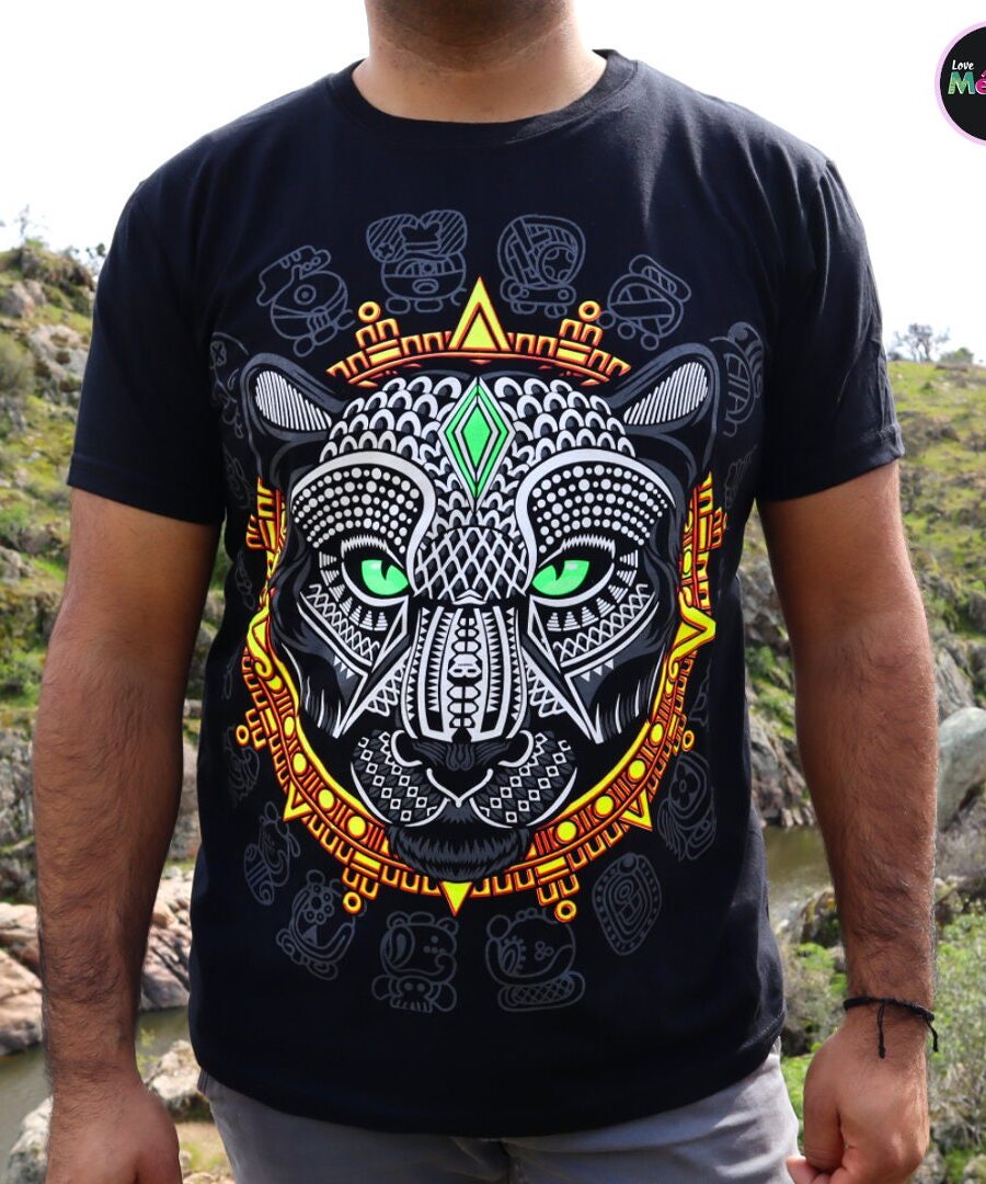 Jade eyes Panther T-shirt, Unique Screen-printing T-shirt, Mexican style, Mayan style, Aztec style, Glow in neon lights, unique shirt.