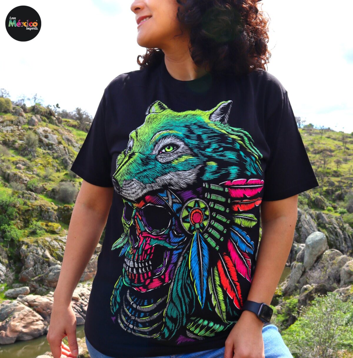 Native skull shirt, Unique Screen-printing T-shirt, Mexican style, Mayan style, Aztec style, Glow in neon lights, unique shirt. - Image 4