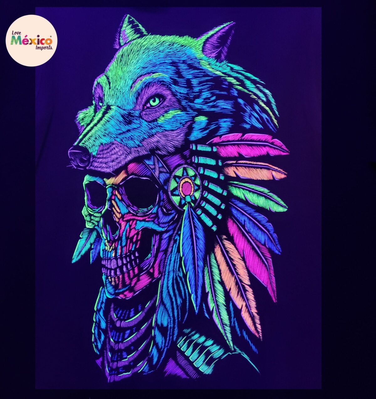 Native skull shirt, Unique Screen-printing T-shirt, Mexican style, Mayan style, Aztec style, Glow in neon lights, unique shirt. - Image 2