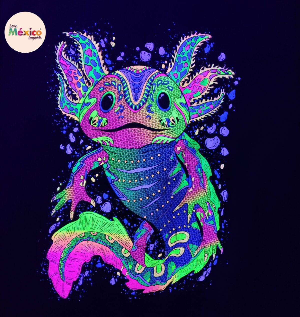 Axolotl T-shirt, Native lion, iguana T-shirt, Unique Screen-printing T-shirt, Mexican style, Mayan style, Aztec style, Glow in neon lights