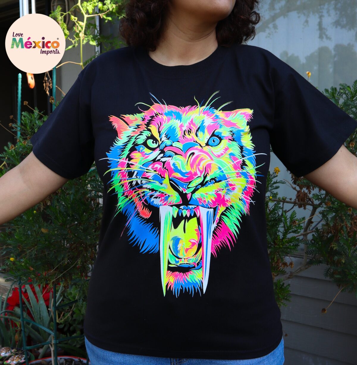 Warrior T-shirt, saber-tooth, Unique Screen-printing T-shirt, Mexican style, Mayan style, Aztec style, Glow in neon lights, unique shirt. - Image 4