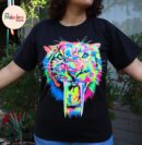 Warrior T-shirt, saber-tooth, Unique Screen-printing T-shirt, Mexican style, Mayan style, Aztec style, Glow in neon lights, unique shirt.