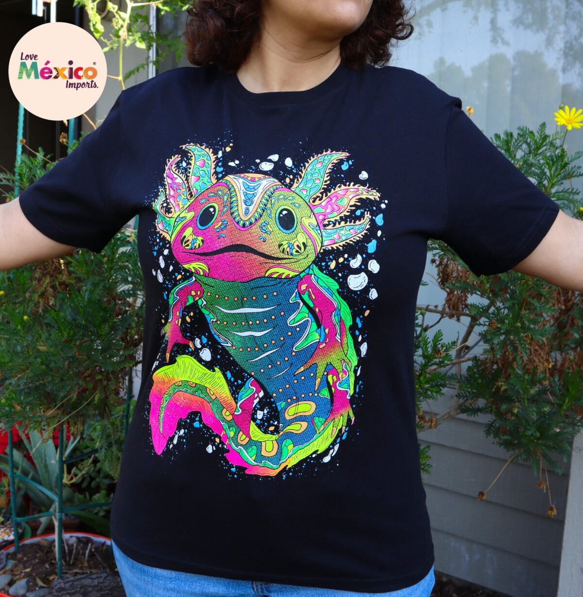 Axolotl T-shirt, Native lion, iguana T-shirt, Unique Screen-printing T-shirt, Mexican style, Mayan style, Aztec style, Glow in neon lights - Image 4