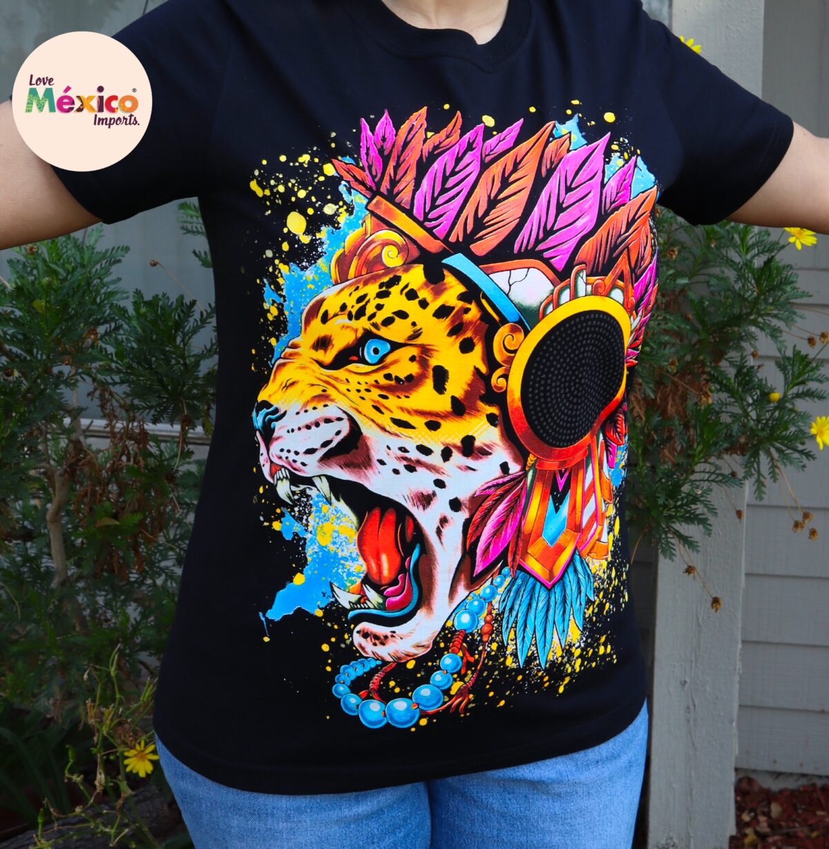 Jaguar T-shirt, Panther T-shirt, lion shirt, Unique Screen-printing T-shirt, Mexican style, Mayan style, Aztec style, Glow in neon lights - Image 2