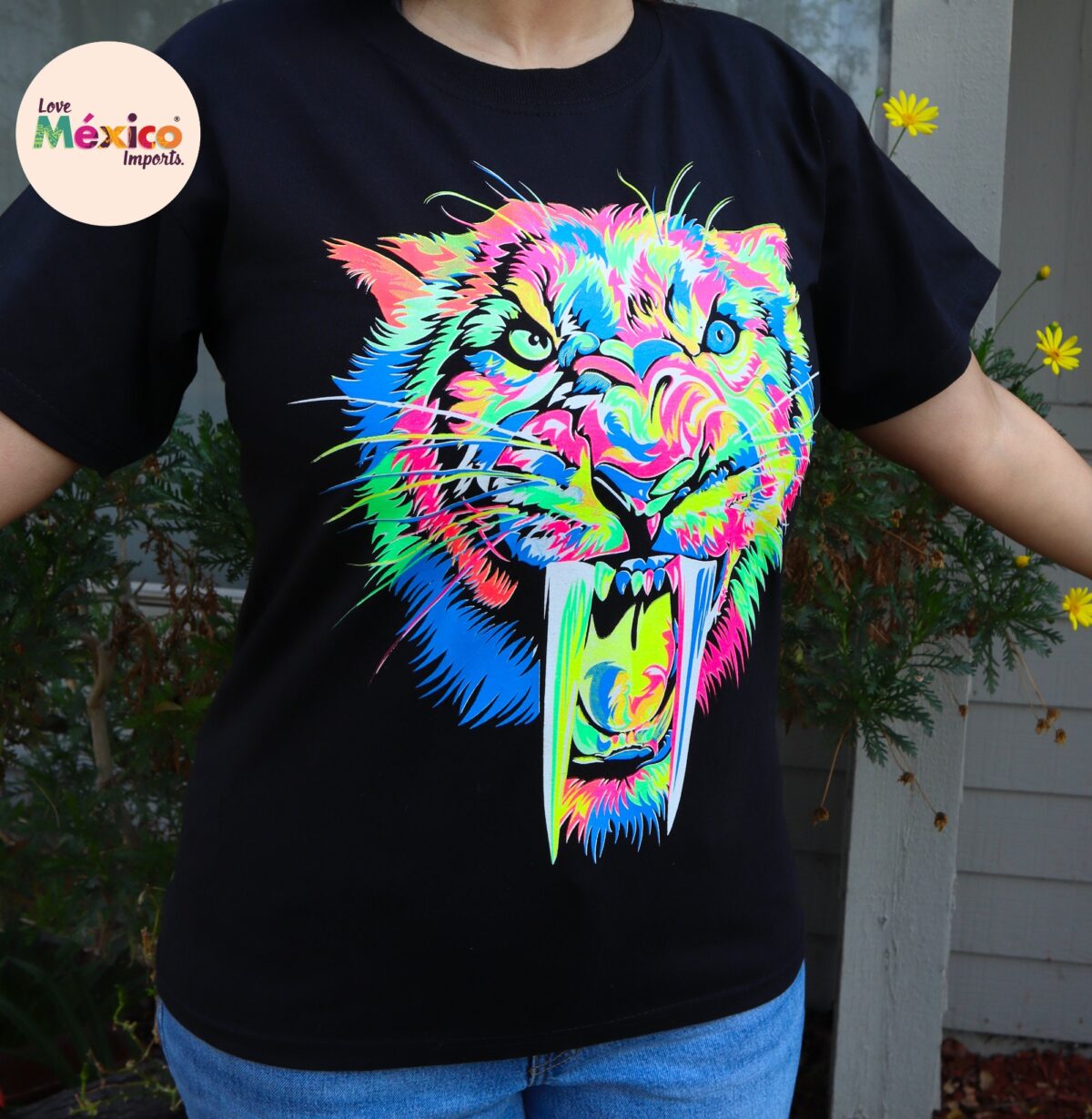 Warrior T-shirt, saber-tooth, Unique Screen-printing T-shirt, Mexican style, Mayan style, Aztec style, Glow in neon lights, unique shirt. - Image 5