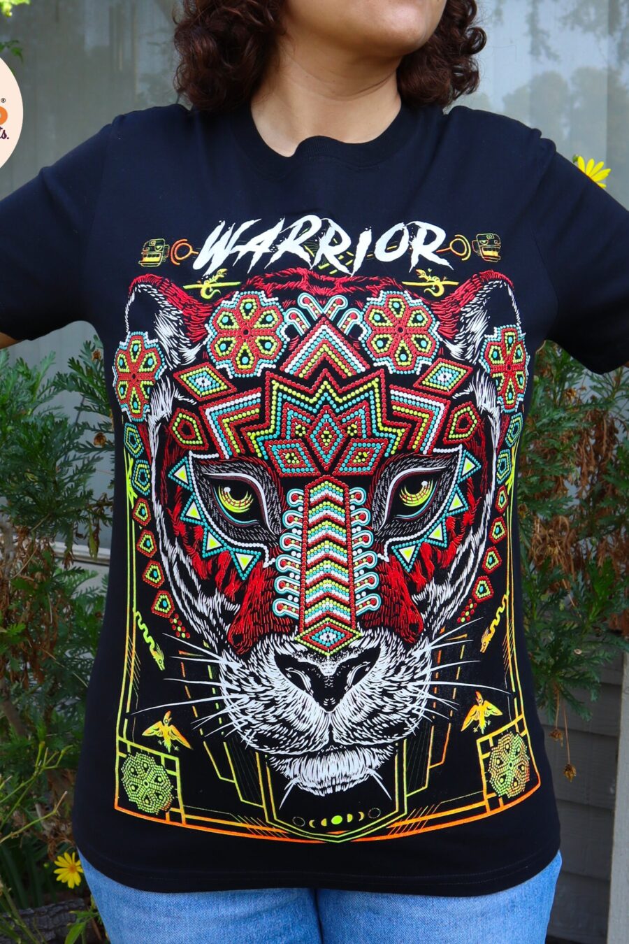 Warrior T-shirt, saber-tooth, Unique Screen-printing T-shirt, Mexican style, Mayan style, Aztec style, Glow in neon lights, unique shirt.