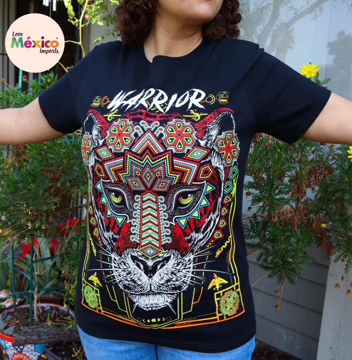 Warrior T-shirt, saber-tooth, Unique Screen-printing T-shirt, Mexican style, Mayan style, Aztec style, Glow in neon lights, unique shirt. - Image 2