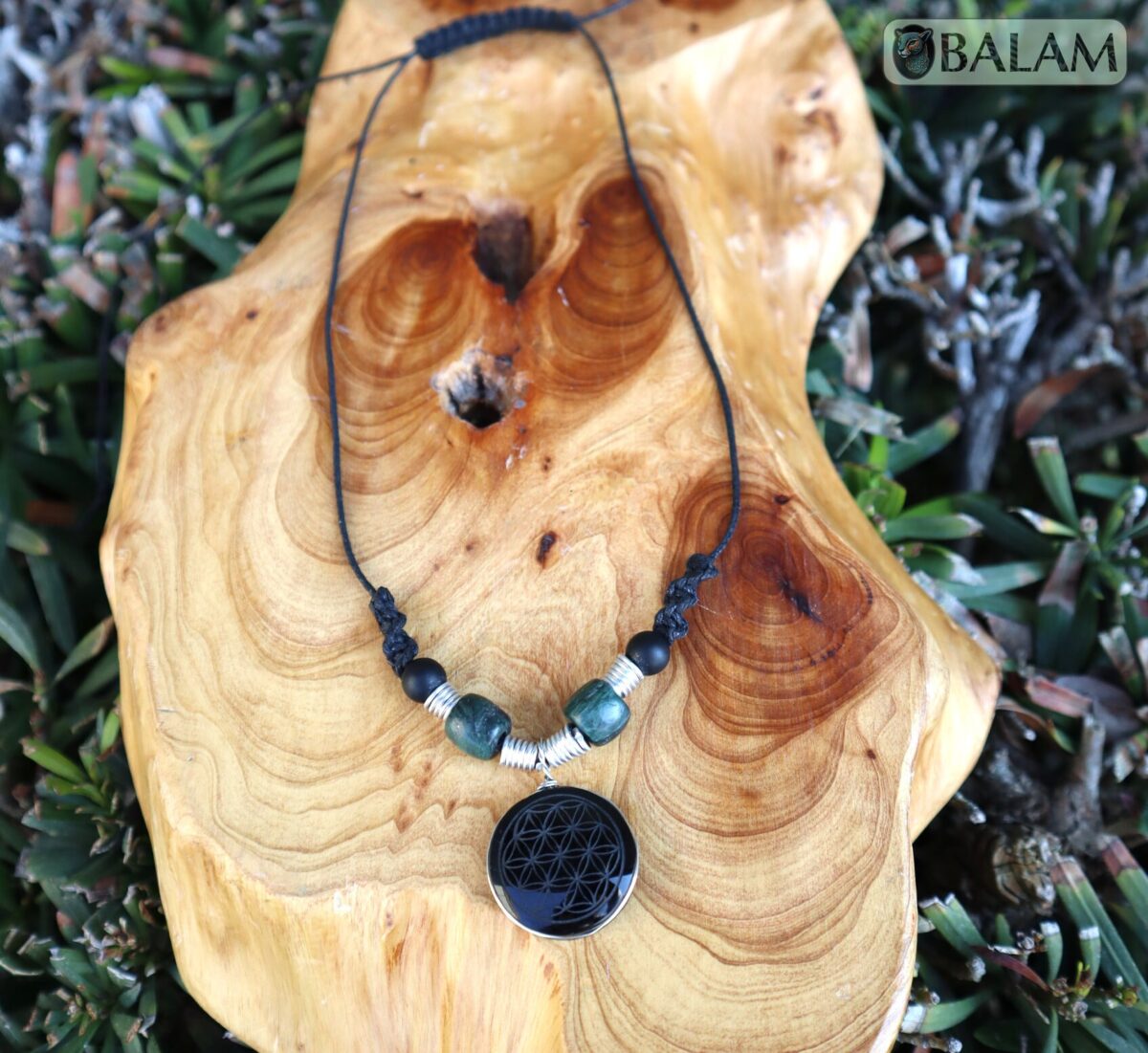 Ceremonial necklace, stone necklace, Mayan Jade, Adjustable Jade necklace, Mexica necklace, serpentine stone. Flower of life obsidian stone. - Image 3