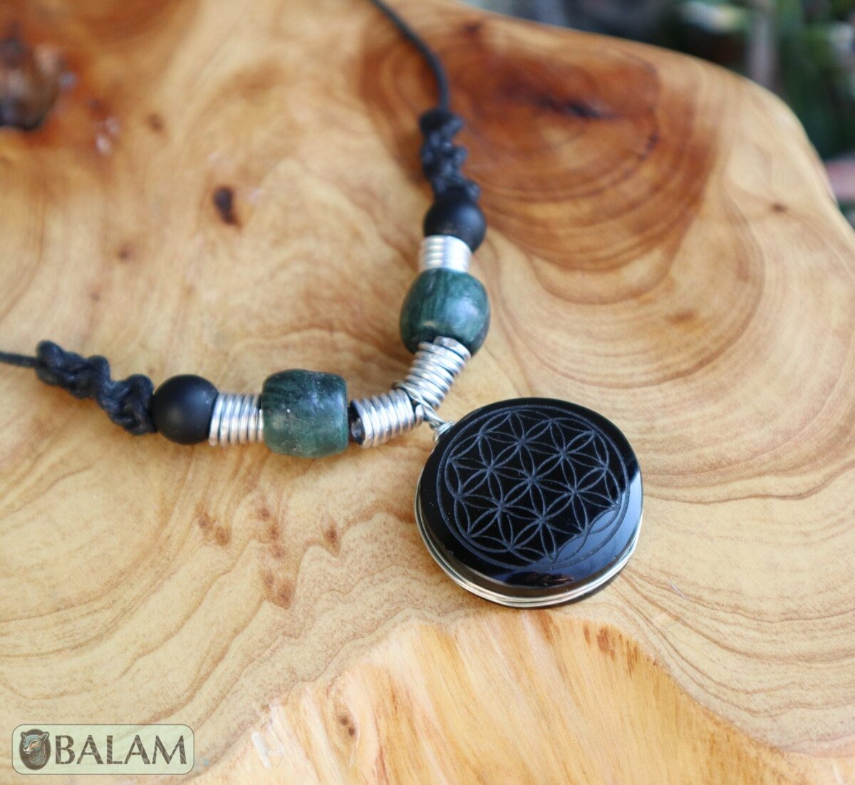 Ceremonial necklace, stone necklace, Mayan Jade, Adjustable Jade necklace, Mexica necklace, serpentine stone. Flower of life obsidian stone. - Image 2