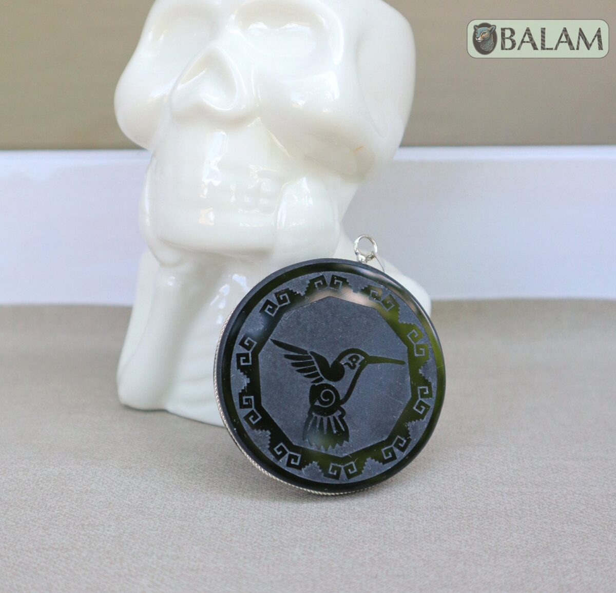 Obsidian pendant, stone necklace, Obsiana Mexica, Mexica necklace, Obsidian pendant and silver. Engraved hummingbird, Jaguar, Quetzalcoatl - Image 4