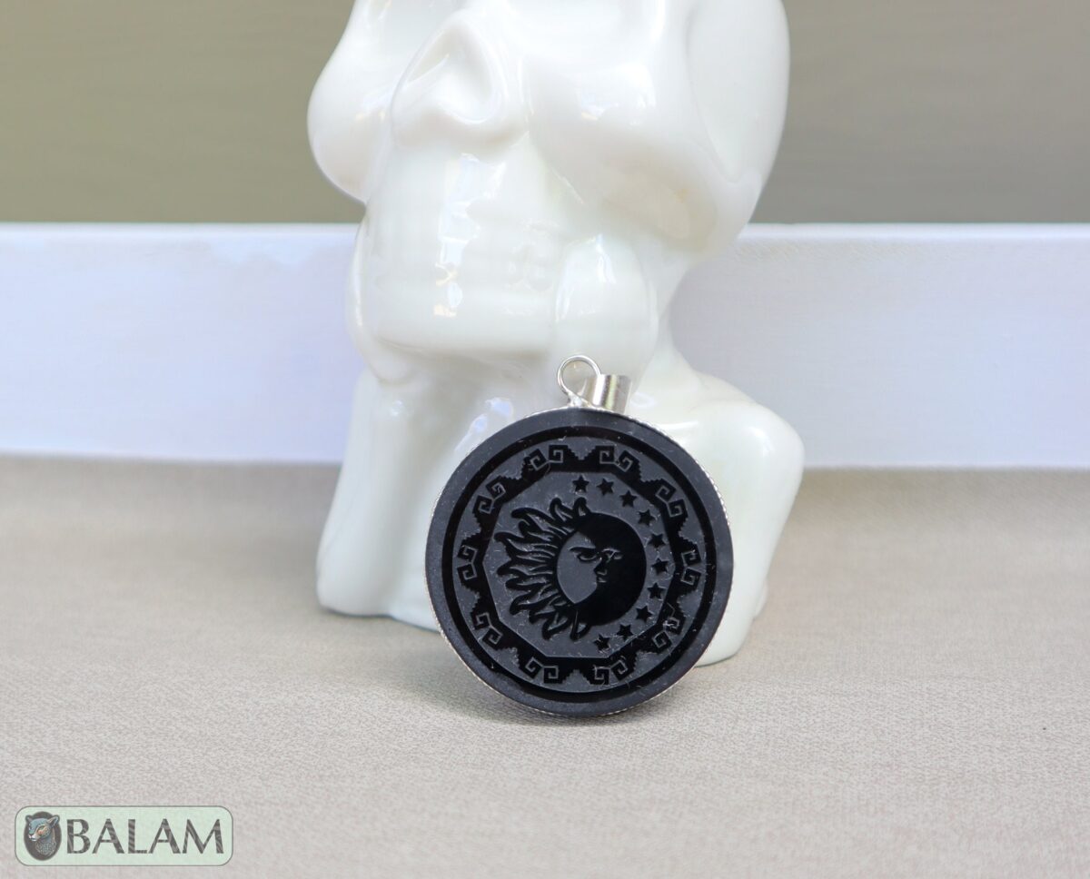Obsidian pendant, stone necklace, Obsiana Mexica, Obsidian pendant and silver. Engraved Mictlantecuhtli, Hunab ku, Eclipse, Skull, ball game - Image 4