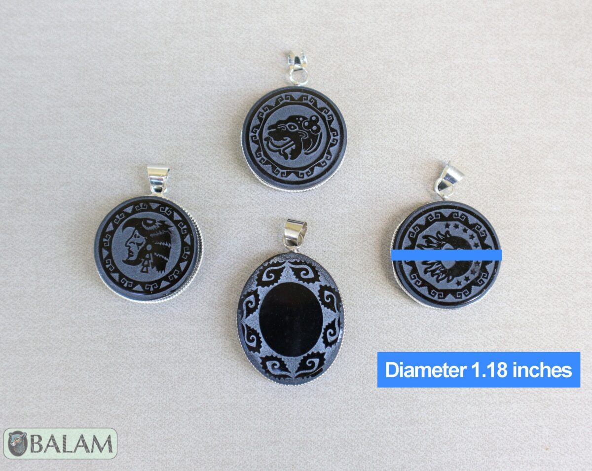 Obsidian pendant, stone necklace, Obsiana Mexica, Mexica necklace, Obsidian pendant and silver. Engraved Eagle warrior, Jaguar, Eclipse. - Image 2
