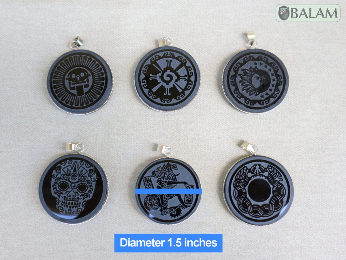 Obsidian pendant, stone necklace, Obsiana Mexica, Obsidian pendant and silver. Engraved Mictlantecuhtli, Hunab ku, Eclipse, Skull, ball game