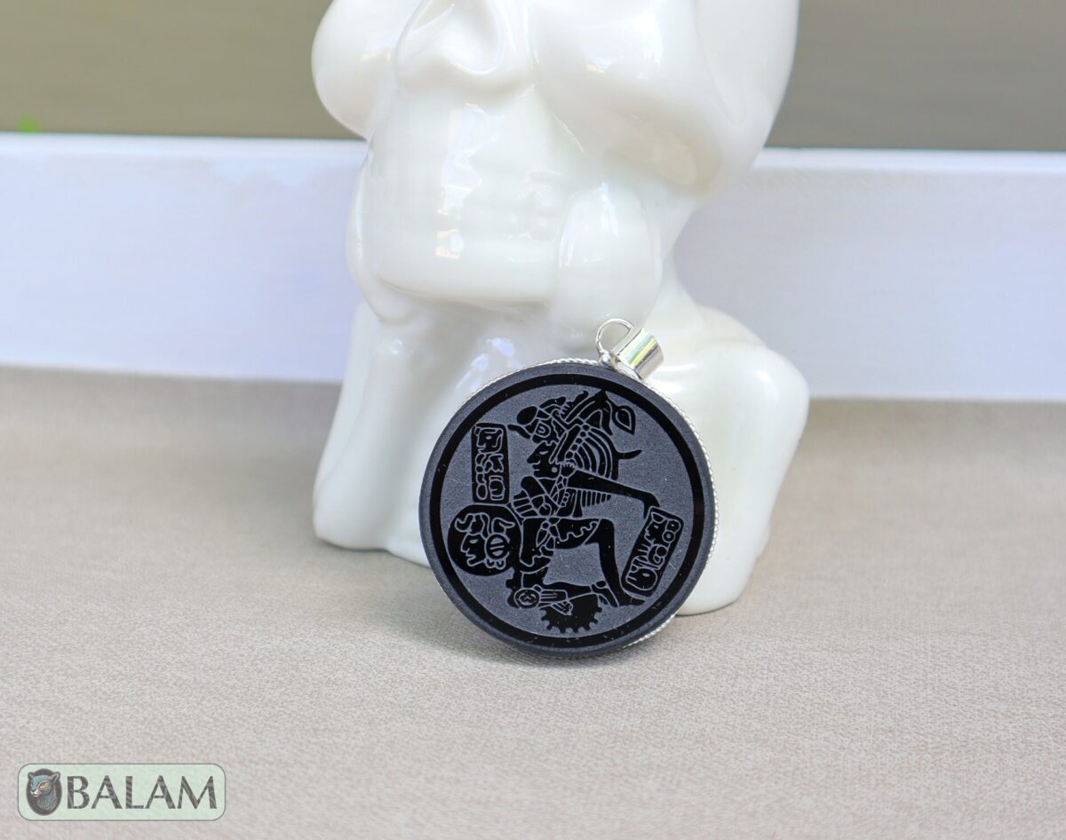 Obsidian pendant, stone necklace, Obsiana Mexica, Obsidian pendant and silver. Engraved Mictlantecuhtli, Hunab ku, Eclipse, Skull, ball game - Image 6