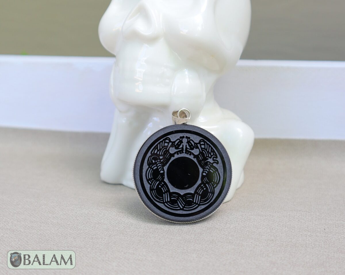 Obsidian pendant, stone necklace, Obsiana Mexica, Obsidian pendant and silver. Engraved Mictlantecuhtli, Hunab ku, Eclipse, Skull, ball game - Image 7