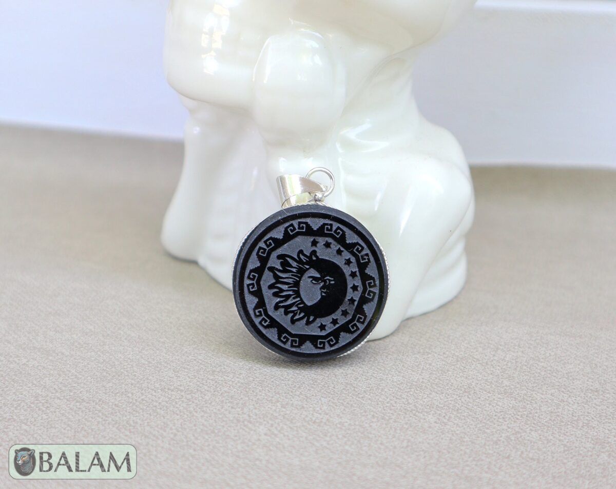 Obsidian pendant, stone necklace, Obsiana Mexica, Mexica necklace, Obsidian pendant and silver. Engraved Eagle warrior, Jaguar, Eclipse. - Image 5