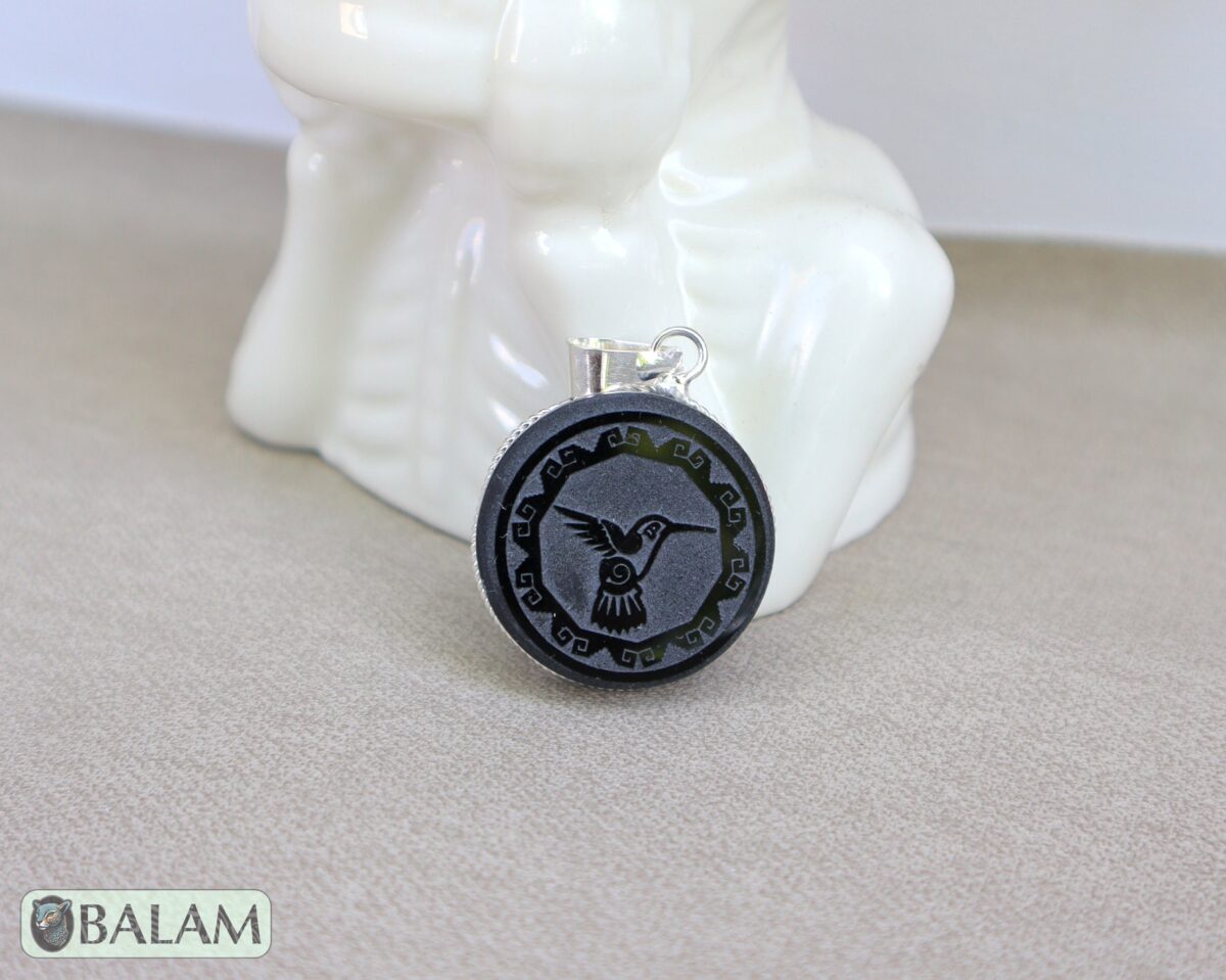 Obsidian pendant, stone necklace, Obsiana Mexica, Obsidian pendant and silver. Engraved Tree of life, flower of life, Hummingbird. - Image 4