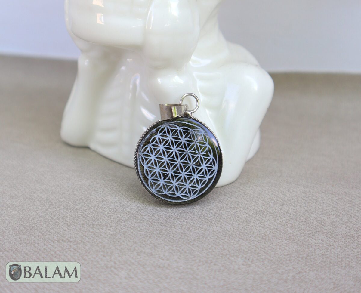 Obsidian pendant, stone necklace, Obsiana Mexica, Obsidian pendant and silver. Engraved Tree of life, flower of life, Hummingbird. - Image 6