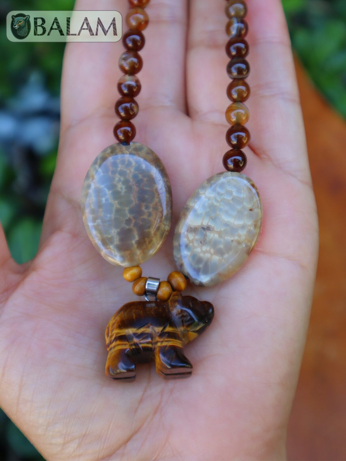 Ceremonial necklace, Agate and tiger's eye necklace, Native necklace, crystal beads, Adjustable tiger's eye necklace, bear pendant. - Image 7