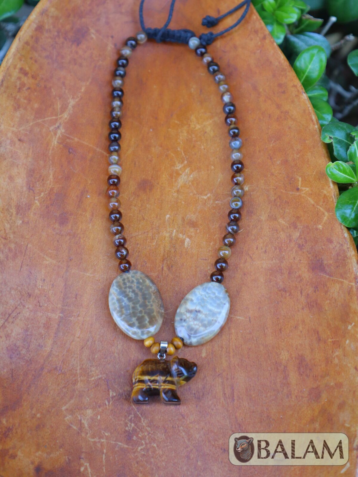 Ceremonial necklace, Agate and tiger's eye necklace, Native necklace, crystal beads, Adjustable tiger's eye necklace, bear pendant. - Image 6