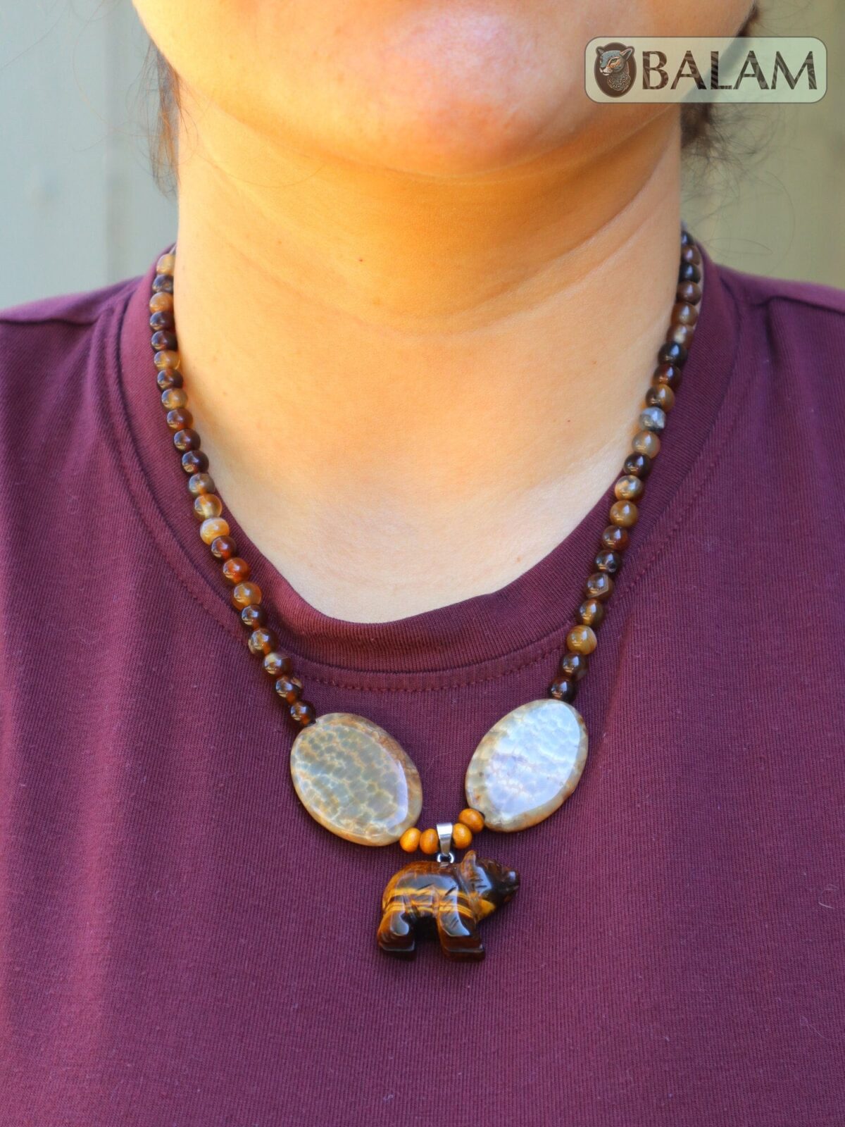Ceremonial necklace, Agate and tiger's eye necklace, Native necklace, crystal beads, Adjustable tiger's eye necklace, bear pendant.