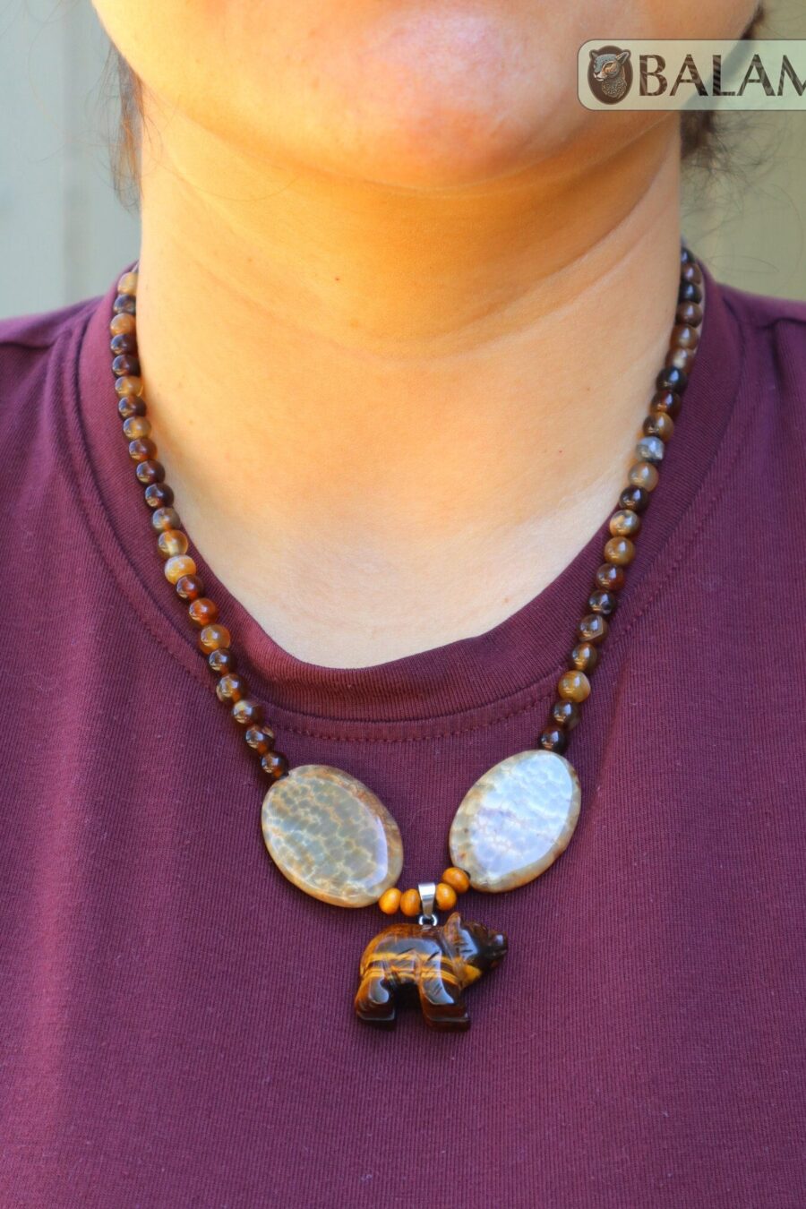 Ceremonial necklace, Agate and tiger's eye necklace, Native necklace, crystal beads, Adjustable tiger's eye necklace, bear pendant.