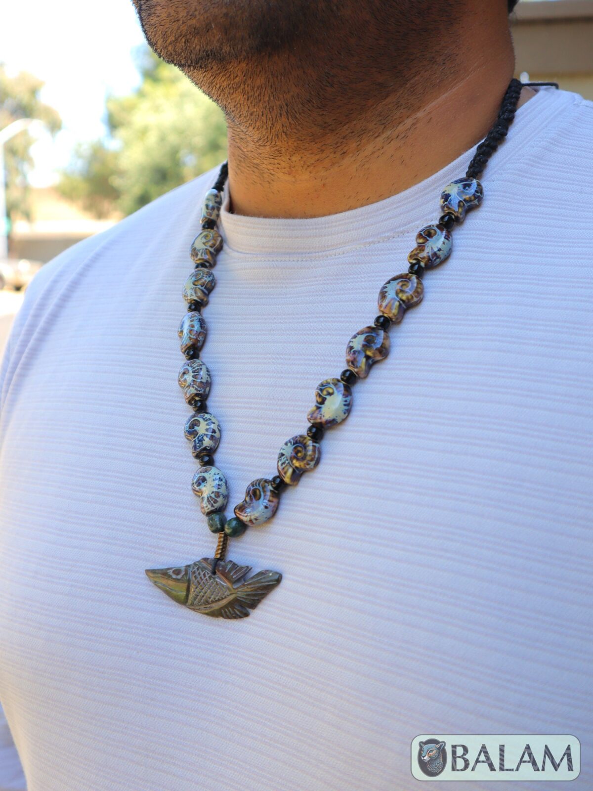 Fish serpentine pendant, ocean necklace, clay beads, Natural serpentine stone, carved stones, Mayan, jasper and wire details, adjustable - Image 8