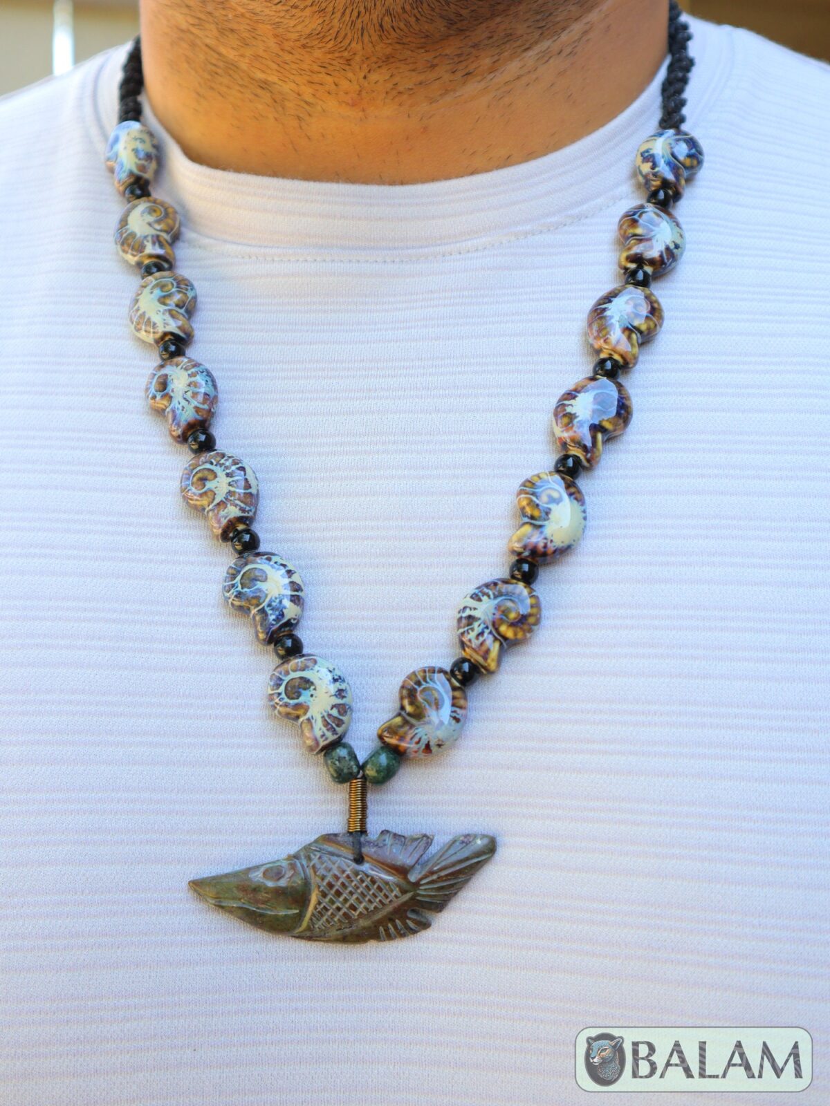 Fish serpentine pendant, ocean necklace, clay beads, Natural serpentine stone, carved stones, Mayan, jasper and wire details, adjustable - Image 7
