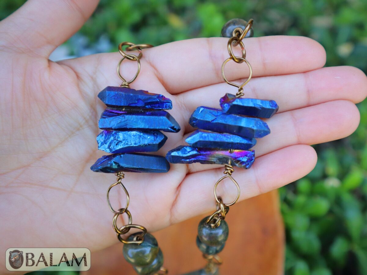 Unique Jaguar warrior mask, Amazing details as blue jasper, quartz, and wire artwork, Rustic Ceremonial Necklace, Serpentine jade necklace. - Image 5