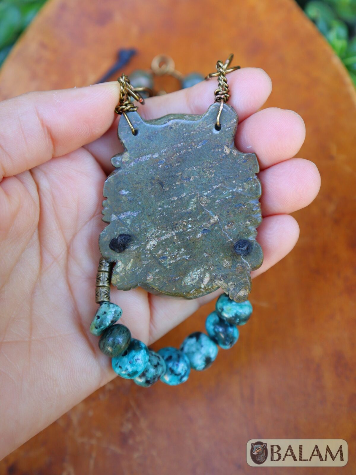 Unique Jaguar warrior mask, Amazing details as blue jasper, quartz, and wire artwork, Rustic Ceremonial Necklace, Serpentine jade necklace. - Image 8
