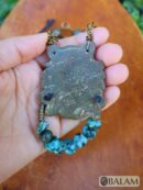 Unique Jaguar warrior mask, Amazing details as blue jasper, quartz, and wire artwork, Rustic Ceremonial Necklace, Serpentine jade necklace.
