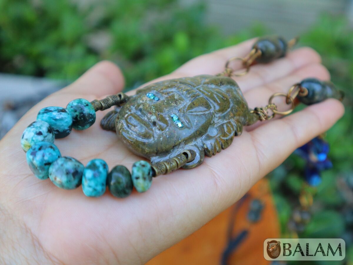 Unique Jaguar warrior mask, Amazing details as blue jasper, quartz, and wire artwork, Rustic Ceremonial Necklace, Serpentine jade necklace.