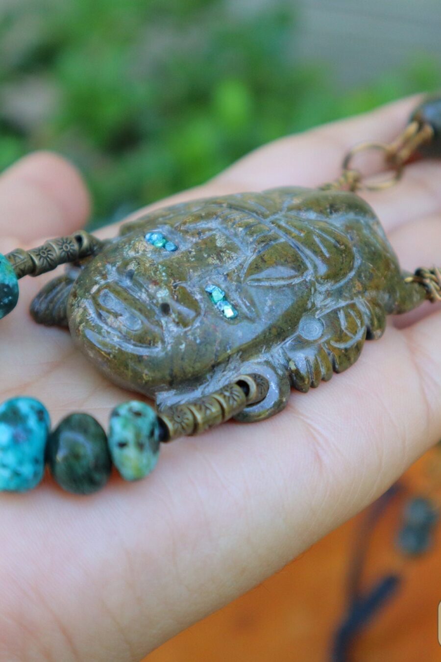 Unique Jaguar warrior mask, Amazing details as blue jasper, quartz, and wire artwork, Rustic Ceremonial Necklace, Serpentine jade necklace.