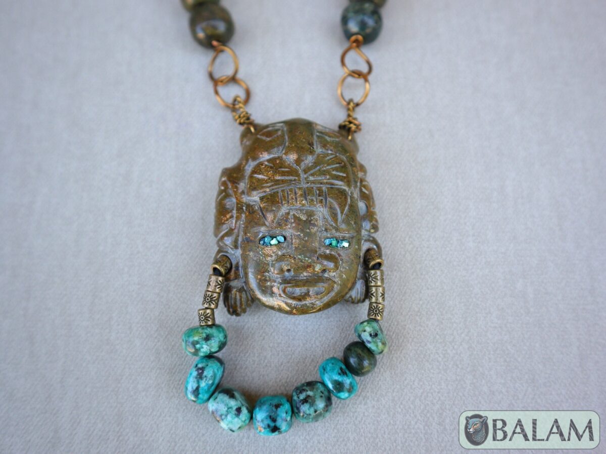 Unique Jaguar warrior mask, Amazing details as blue jasper, quartz, and wire artwork, Rustic Ceremonial Necklace, Serpentine jade necklace. - Image 7