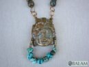 Unique Jaguar warrior mask, Amazing details as blue jasper, quartz, and wire artwork, Rustic Ceremonial Necklace, Serpentine jade necklace.