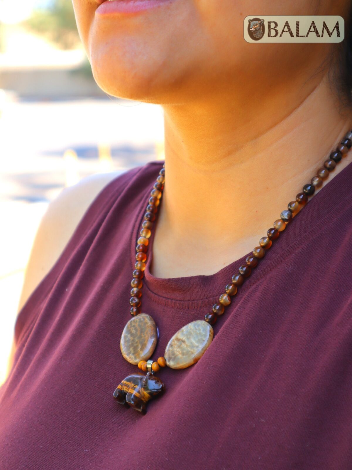 Ceremonial necklace, Agate and tiger's eye necklace, Native necklace, crystal beads, Adjustable tiger's eye necklace, bear pendant. - Image 2