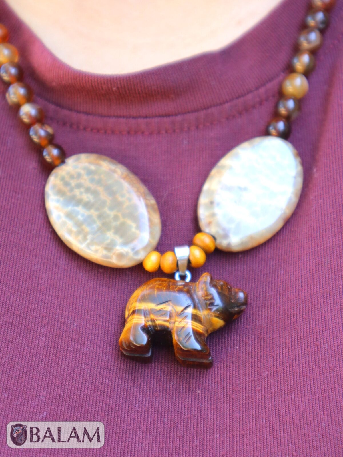 Ceremonial necklace, Agate and tiger's eye necklace, Native necklace, crystal beads, Adjustable tiger's eye necklace, bear pendant. - Image 3