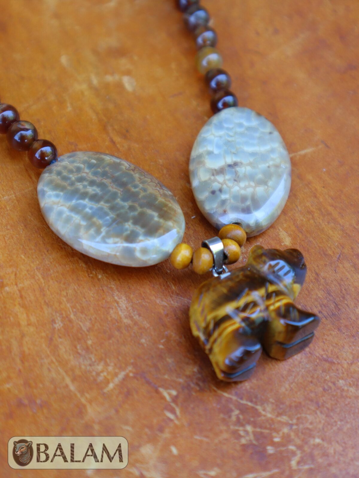 Ceremonial necklace, Agate and tiger's eye necklace, Native necklace, crystal beads, Adjustable tiger's eye necklace, bear pendant. - Image 4