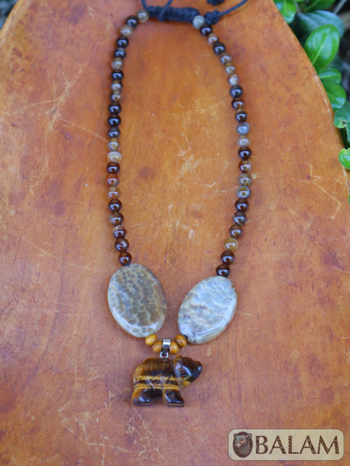 Ceremonial necklace, Agate and tiger's eye necklace, Native necklace, crystal beads, Adjustable tiger's eye necklace, bear pendant. - Image 8
