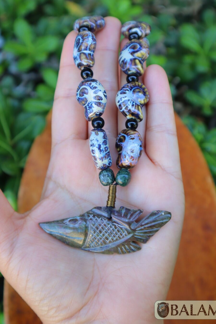 Fish serpentine pendant, ocean necklace, clay beads, Natural serpentine stone, carved stones, Mayan, jasper and wire details, adjustable