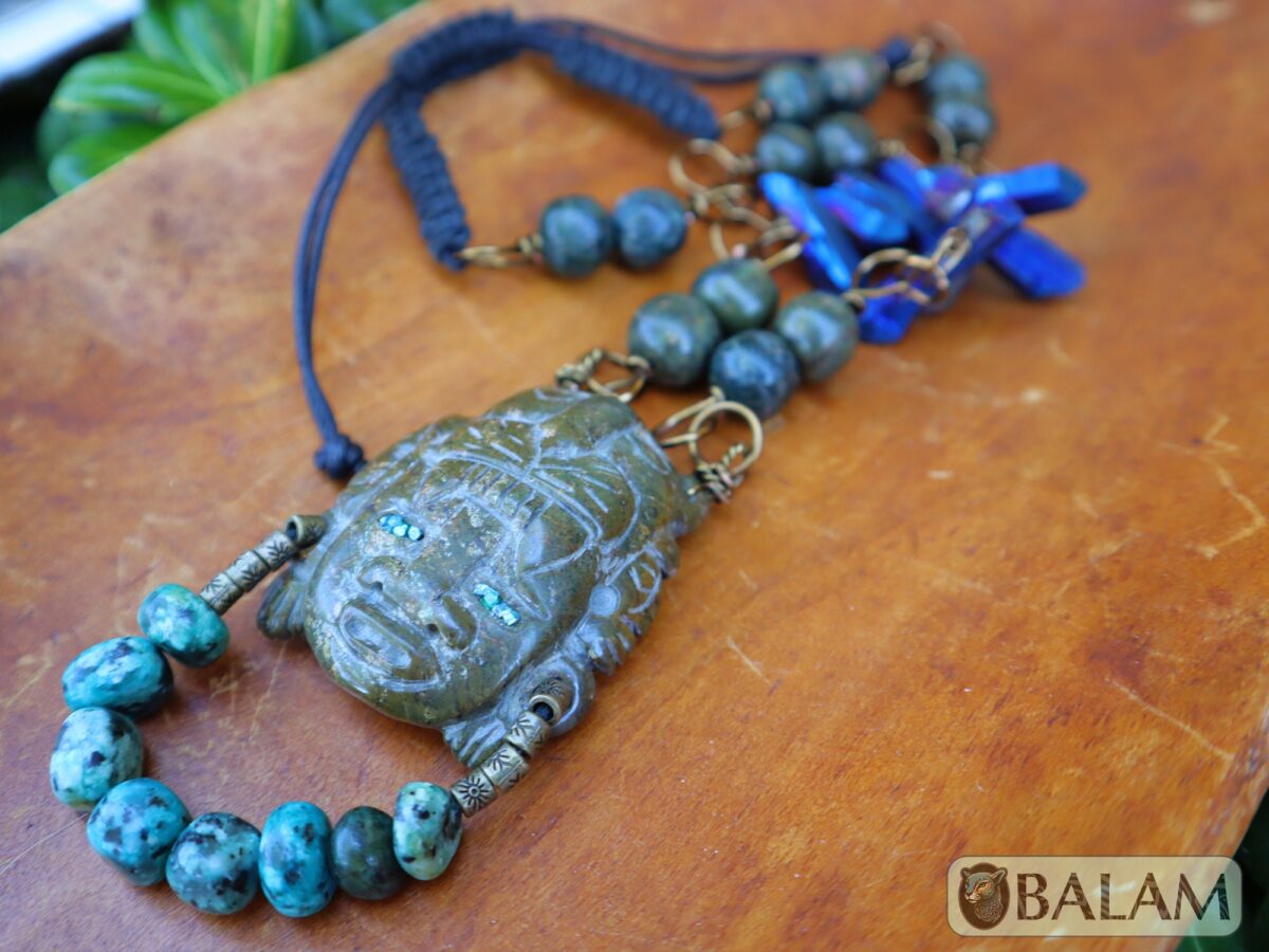 Unique Jaguar warrior mask, Amazing details as blue jasper, quartz, and wire artwork, Rustic Ceremonial Necklace, Serpentine jade necklace. - Image 3