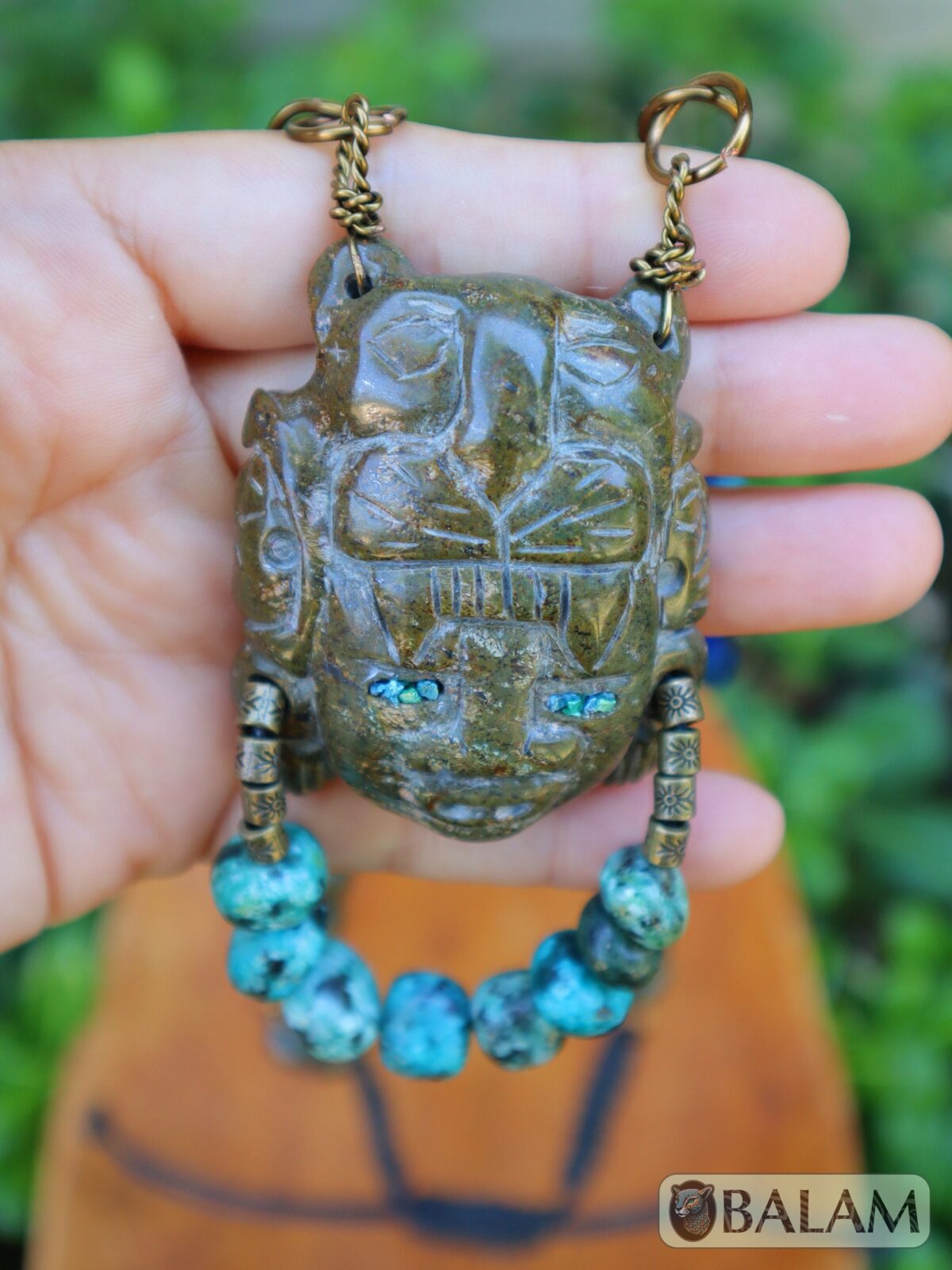 Unique Jaguar warrior mask, Amazing details as blue jasper, quartz, and wire artwork, Rustic Ceremonial Necklace, Serpentine jade necklace. - Image 2