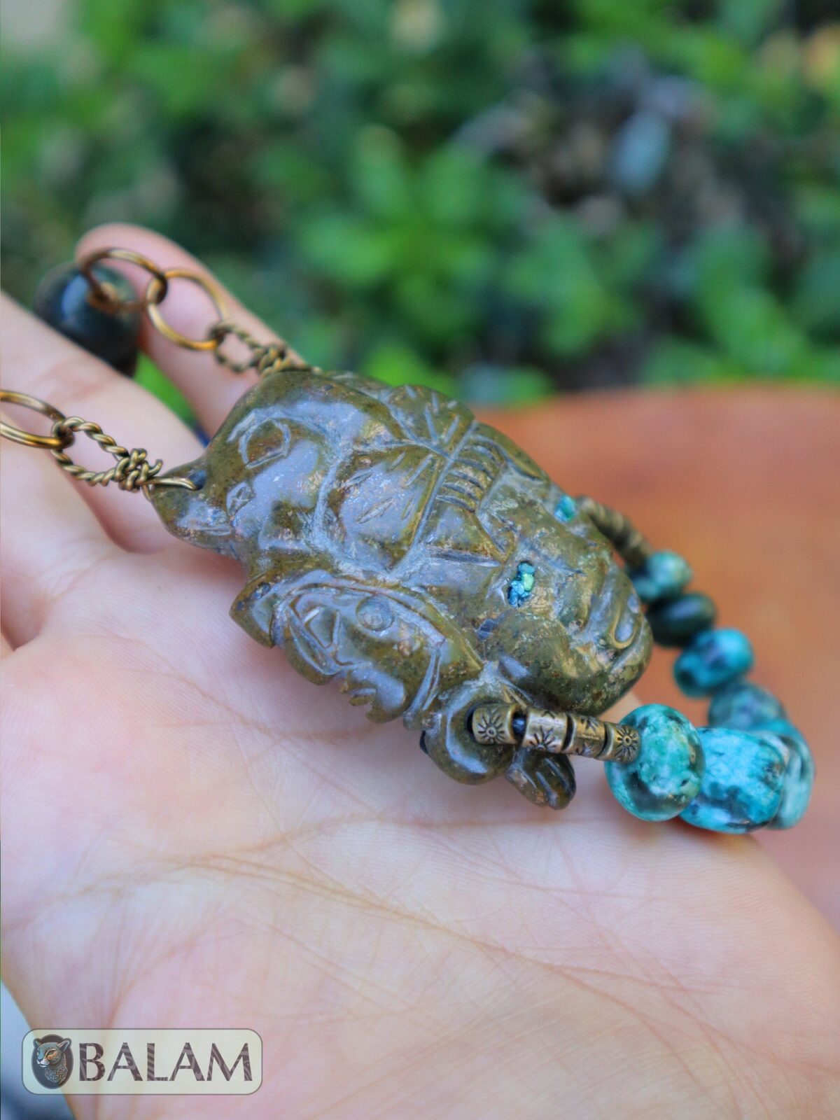 Unique Jaguar warrior mask, Amazing details as blue jasper, quartz, and wire artwork, Rustic Ceremonial Necklace, Serpentine jade necklace. - Image 4