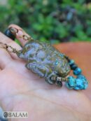 Unique Jaguar warrior mask, Amazing details as blue jasper, quartz, and wire artwork, Rustic Ceremonial Necklace, Serpentine jade necklace.