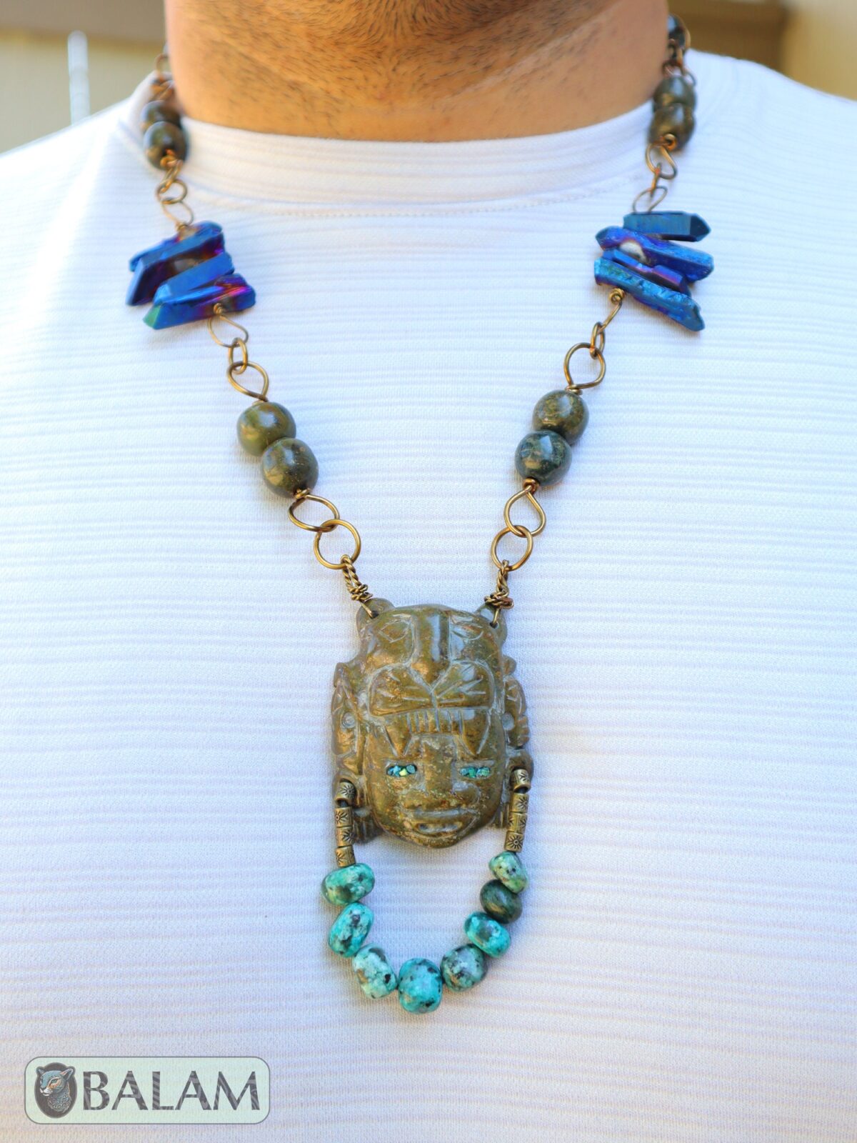 Unique Jaguar warrior mask, Amazing details as blue jasper, quartz, and wire artwork, Rustic Ceremonial Necklace, Serpentine jade necklace. - Image 9