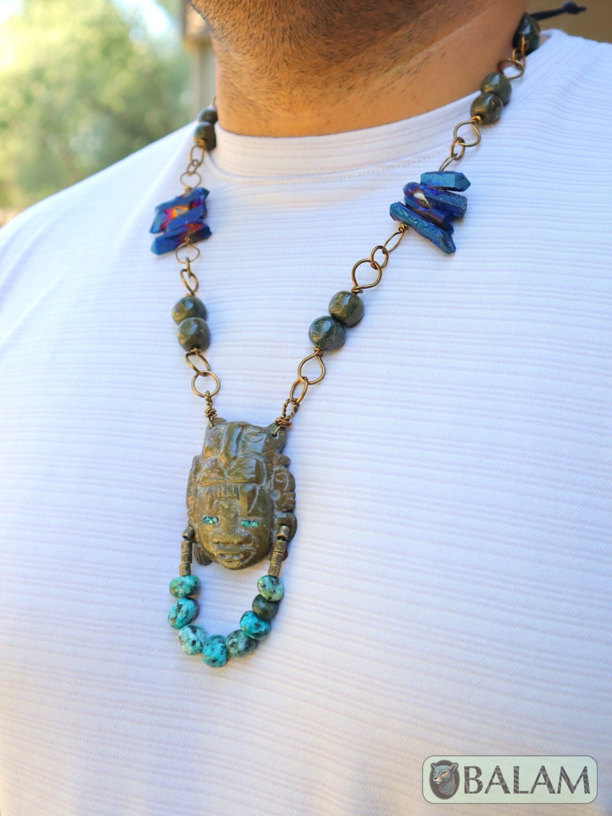 Unique Jaguar warrior mask, Amazing details as blue jasper, quartz, and wire artwork, Rustic Ceremonial Necklace, Serpentine jade necklace. - Image 10