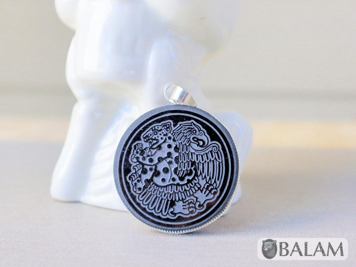 Obsidian pendant, stone necklace, Obsiana Mexica, Obsidian pendant and silver. Engraved Mictlantecuhtli, Hunab ku, Eclipse, Skull, ball game - Image 8
